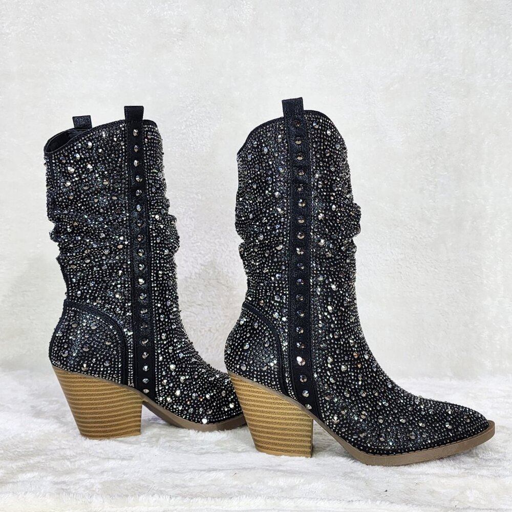Angel Riders Rhinestones Country Glam Western Cowgirl Slouch Calf Boots Pewter